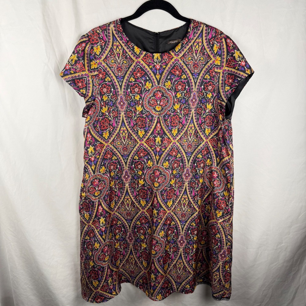 J. McLaughlin Silk Jewel Tone Floral Swing Dress Large Pockets Light Colorful